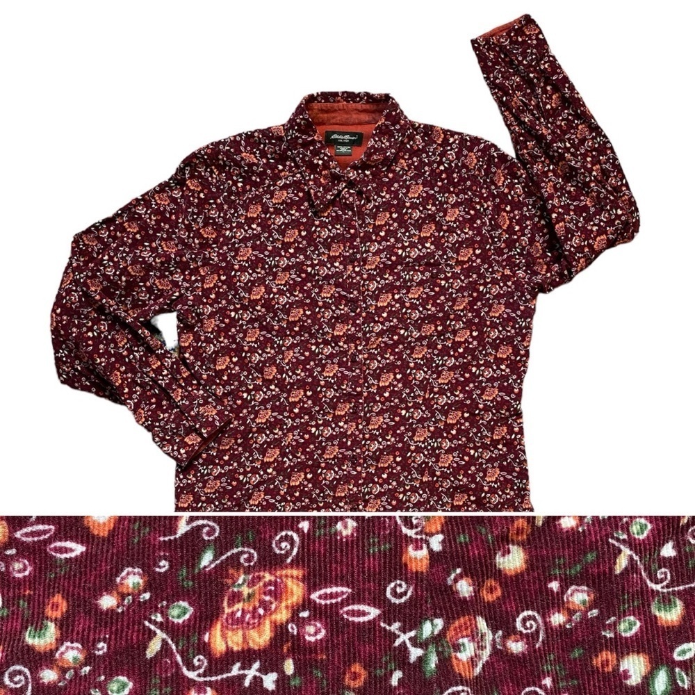 Vintage Eddie Bauer Corduroy Floral Print Button Up Blouse